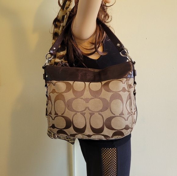 Coach Signature Jacquard/Brown Leather Bag - Picture 11 of 12